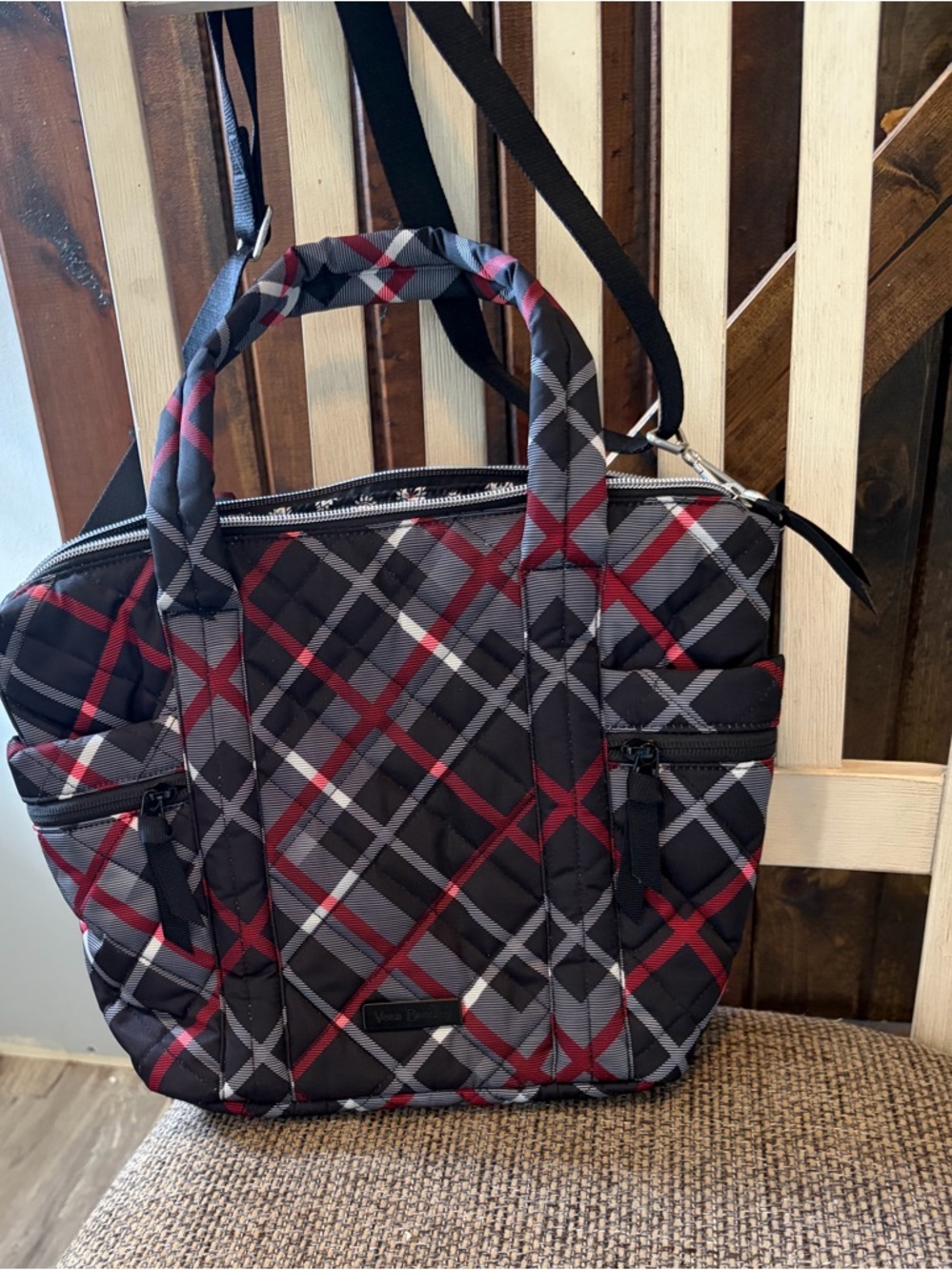 Vera Bradley Plaid Quilted Tote Bag in Black, Gray & Red